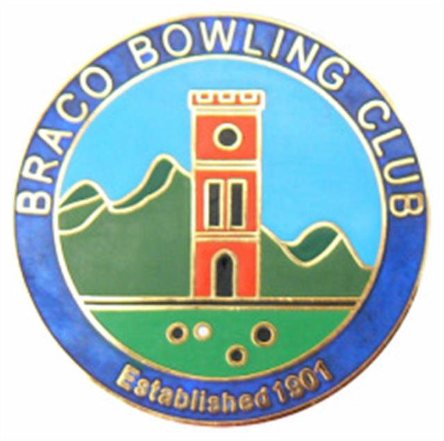 Braco Bowling Club badge showing the hills, church tower and bowling green